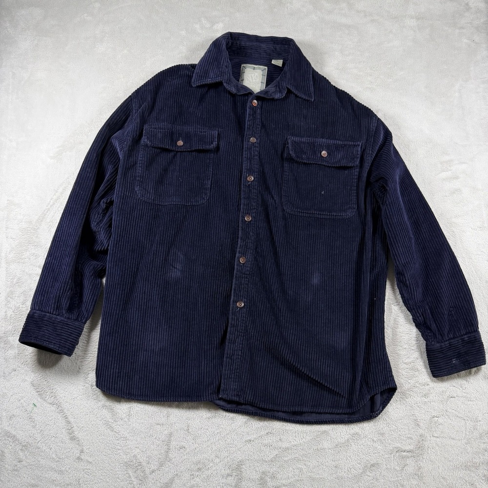 NK Ranch Clothing Mens Vintage 90s Corduroy Shirt L Navy Blue Button Up Heavy
